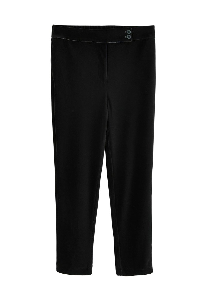 Pantaloni neri realizzati in tessuto morbido con una texture liscia. Presentano una vita piatta con due bottoni. Design a gamba dritta, lunghezza alla caviglia.