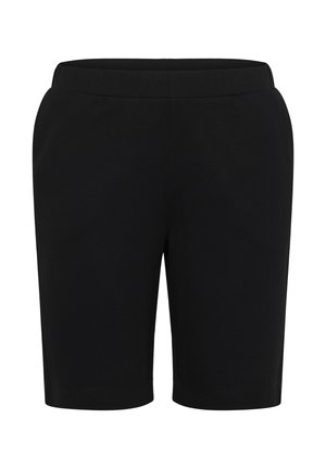 Pantaloni scurți negri până la genunchi, cu talie elastică, design simplu, fără buzunare vizibile sau logo-uri, vedere frontală pe fundal alb.