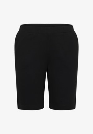 Pantaloni scurți negri până la genunchi, cu talie elastică, design simplu, fără buzunare vizibile sau logo-uri, vedere frontală pe fundal alb.