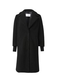 Schwarzer, langer Mantel aus strukturiertem Stoff mit geöffneter Kragen, Seitentaschen und gerippten Strickbündchen. Futter für zusätzliche Wärme.