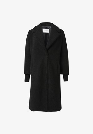 Black, long coat made of textured fabric with a notched collar, side pockets, and ribbed knit cuffs. Lined interior for added warmth.