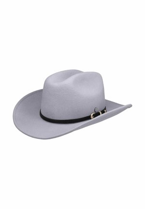 Light gray wide-brimmed cowboy hat with a black braided band and silver buckle detail on a white background.