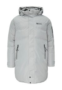 Lichtgrijze parka met capuchon, voorzien van een rits aan de voorkant, twee zijzakken met rits, elastische cuffs en zwarte accenten op de ritsen.
