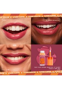 NYX Duck Plump Extreme Sensation Lip Gloss. Har en klar tub, orange lock och applikator; nyanser av ros på läpparna. Ingen retuschering visad.