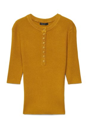 Top en maille côtelée jaune moutarde avec manches trois quarts et une rangée de huit boutons au centre de l'encolure devant.