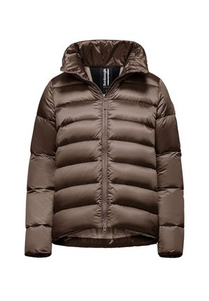 Bruine gewatteerde donsjas met frontale ritssluiting, hoge kraag en lange mouwen, ontworpen voor koud weer.