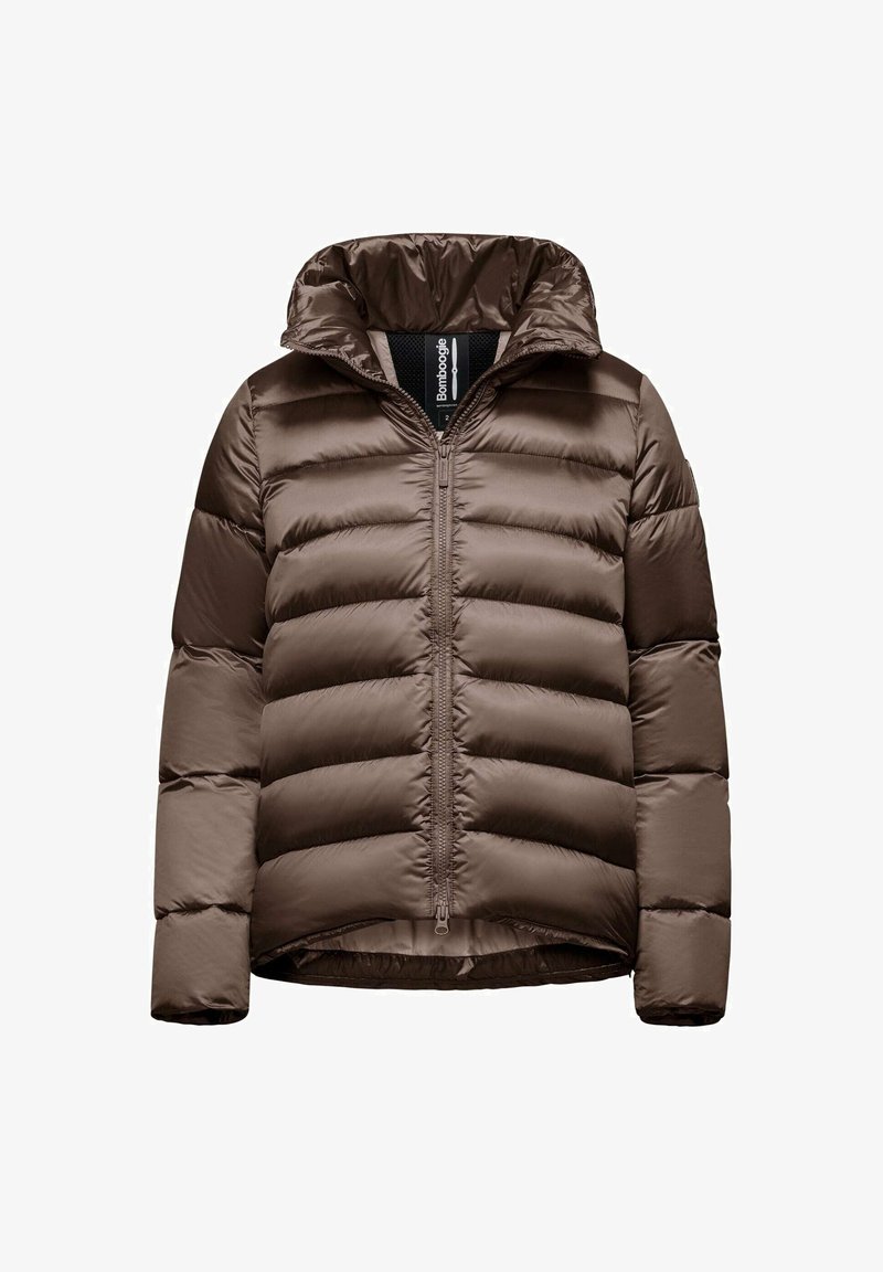 Veste matelassée marron avec fermeture éclair à l'avant, col montant et manches longues, conçue pour temps froid.