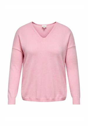 Růžový svetr s výstřihem do V a dlouhými rukávy, vyrobený z měkké látky. Má žebrované manžety a lem, s volným střihem a hladkou texturou.