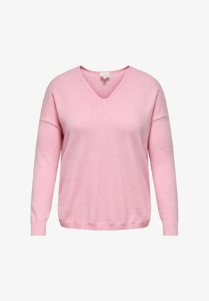 Lyserød v-hals trøje med lange ærmer, lavet af blødt stof. Har ribbede manchetter og kant, med en løs pasform og glat tekstur.