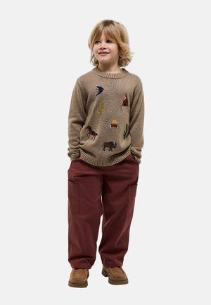 Enfant blond portant un pull marron avec des motifs d'animaux et de feu de camp, un pantalon cargo bordeaux et des chaussures beige, debout les mains dans les poches.
