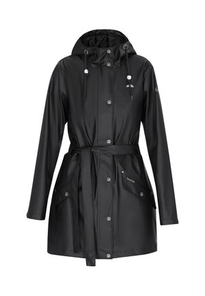 Fekete kapucnis esőkabát elülső patentgombokkal, állítható derékövvel, két fedeles zsebbel és fehér gyöngy díszítéssel ellátott húzózsinóros kapucnival.