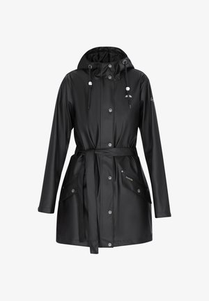 Zwarte regenjas met capuchon, voorste drukknopen, verstelbare tailleband, twee klepzakken en een capuchon met trekkoord en witte kraalaccenten.