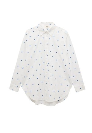 Weißes Langarmshirt mit blauer Blumenmuster, durchgehende Knopfleiste, spitzem Kragen, abgerundetem Saum und lockerer Passform. Weicher Stoff.