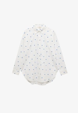 Weißes Langarmshirt mit blauer Blumenmuster, durchgehende Knopfleiste, spitzem Kragen, abgerundetem Saum und lockerer Passform. Weicher Stoff.