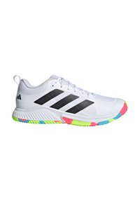 White athletic shoe featuring a mesh upper, black stripes, a textured sole with colorful accents in pink, blue, and neon green.