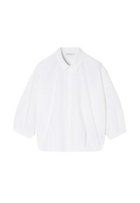 Blusa di cotone bianca con colletto classico, maniche a metà, e chiusura frontale con bottoni. Struttura liscia, vestibilità ampia e design corto.