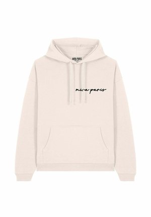 Crème-kleurige hoodie met een voorzak, koordjes en zwarte cursieve tekst "mira paris." Zachte textuur en comfortabele pasvorm.