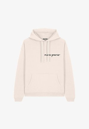 Crème-kleurige hoodie met een voorzak, koordjes en zwarte cursieve tekst "mira paris." Zachte textuur en comfortabele pasvorm.