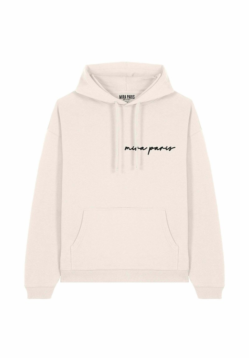 Hoodie de couleur crème avec une poche avant, des cordons de serrage et du texte en cursive noir "mira paris". Texture douce et coupe décontractée.
