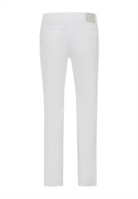 Weiße Denim-Hosen mit geradem Schnitt, ausgestattet mit zwei Gesäßtaschen, einem Textil-Label am Bund und einer glatten Textur.