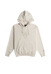 Beige hoodie med en kangaroo lomme, snor i hætten og et præget grafisk motiv på brystet. Lavet af blødt, tekstureret stof.