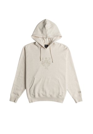 Beige hoodie met een kangoeroezak, een capuchon met trekkoorden en een reliëfafdruk op de borst. Gemaakt van zachte, gestructureerde stof.