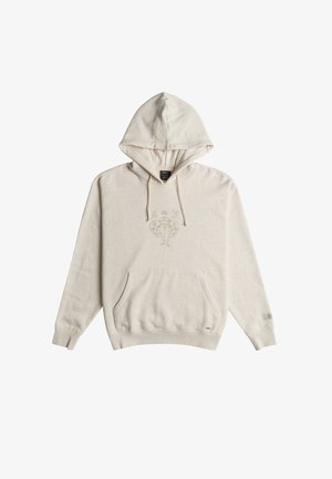 Beige Kapuzenpullover mit Kängurutasche, Kordelzugkapuze und einem geprägten Grafikdesign auf der Brust. Hergestellt aus weichem, strukturiertem Stoff.