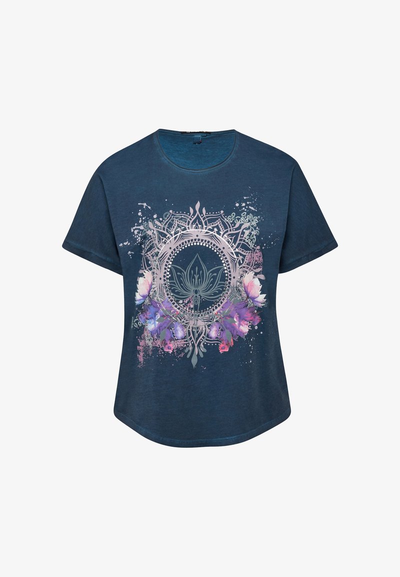Marineblaues kurzärmeliges T-Shirt mit rundem Ausschnitt, das ein zentrales Mandala mit einer Lotusblume zeigt, umgeben von rosa und violetten Blumenakzenten.