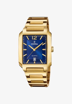 Orologio da polso in quarzo con cassa rettangolare color oro, quadrante blu, indicatori delle ore dorati, display della data a 6 e bracciale metallico a maglie.