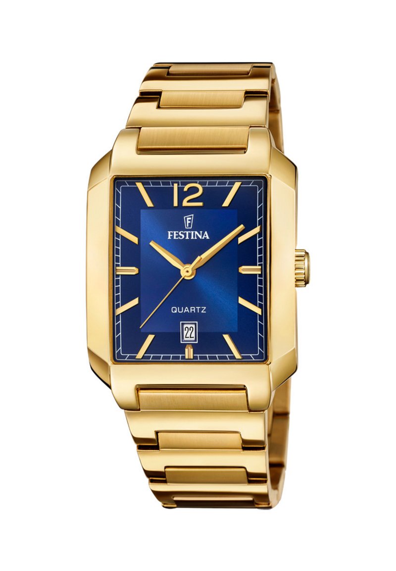 Reloj de pulsera de cuarzo en tono dorado con caja rectangular, esfera azul, marcadores de hora dorados, indicador de fecha a las 6 y pulsera de metal eslabonada.