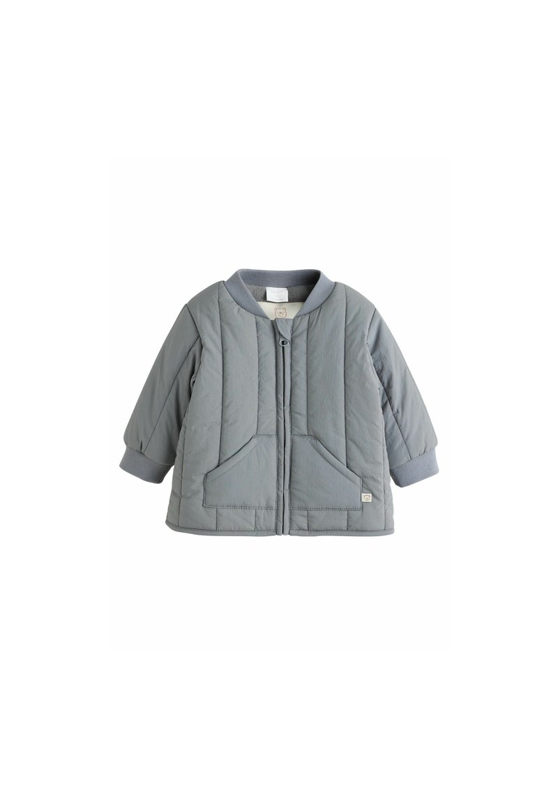 Graue gestepptes Jacke mit rundem Kragen, Vorderentaschen und gerippten Bündchen. Verfügt über eine Zweiknopfverschluss und eine weiche Textur.