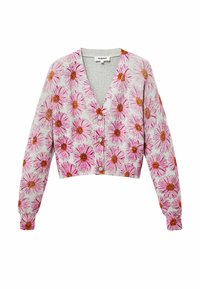 Cardigan court en gris clair, présentant un motif floral de marguerites roses à centres orange, avec fermeture à boutons et texture côtelée.