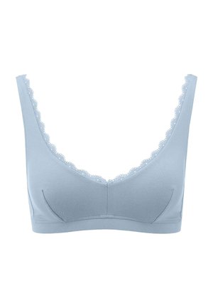 Light blue wireless bra with scalloped lace trim along the deep scoop neckline and wide shoulder straps.