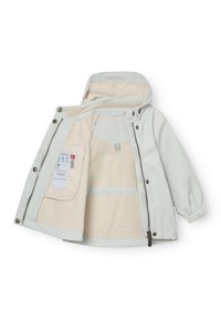 Παιδικό γκρι ανοιχτόχρωμο μπουφάν με κουκούλα, εσωτερική επένδυση από μπεζ φλις, μπροστινό φερμουάρ, κουμπιά με κούμπωμα και εσωτερική ετικέτα με οδηγίες φροντίδας.