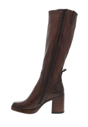 Botte haute en cuir marron avec fermeture éclair sur le côté, talon en bois épais et bout carré. Dotée d'une boucle pour un enfilage facile. Texture lisse.