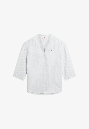 Lichtblauw-wit gestreept overhemd met knopen, 3/4 mouwen en een klein Tommy Hilfiger-logo op de borst.