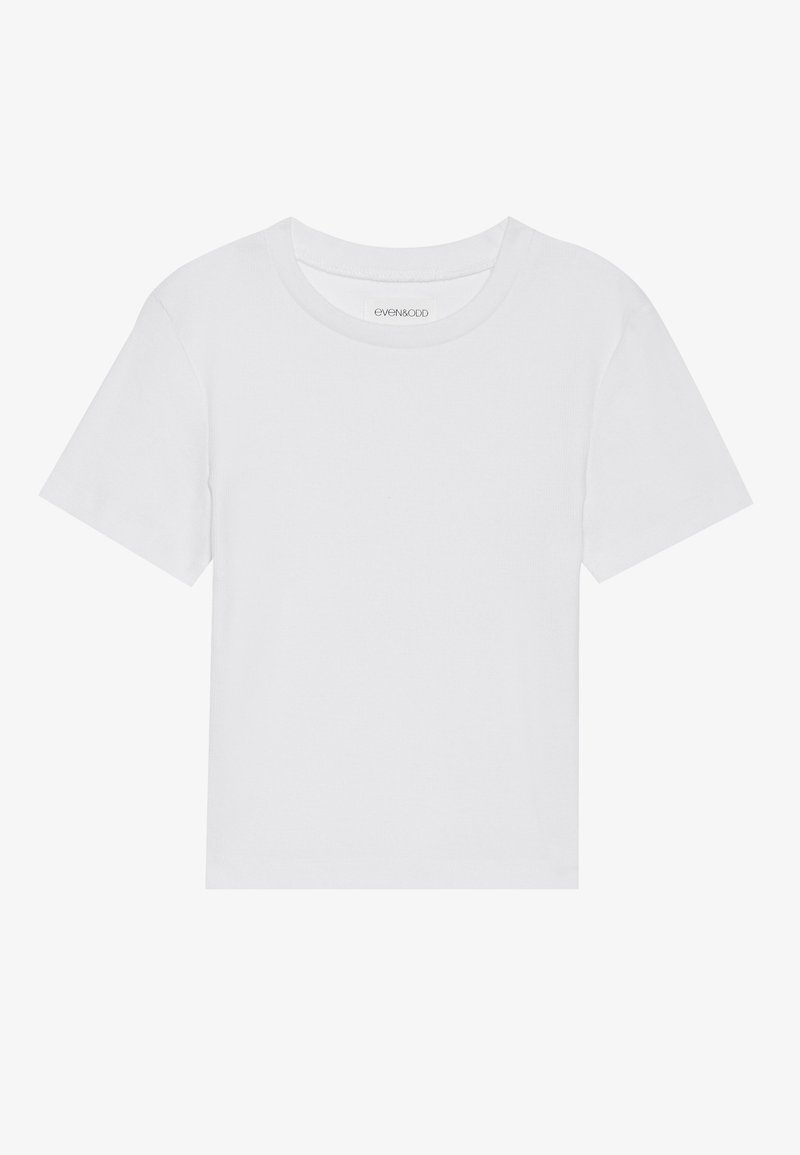 T-shirt bianco in cotone con maniche corte, scollatura rotonda, texture liscia e senza motivi o dettagli visibili. Etichetta del marchio nella zona del collo.