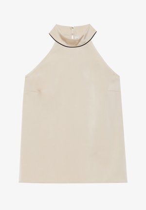 Beež ilma varrukat halter-top sileda kangaga, millel on kõrge kaelus ja seljalt lukuga kinni. Omab minimalistikku disaini ning pole nähtavaid mustreid.
