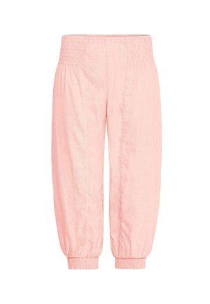 Light pink, loose-fitting linen pants with a smocked waistband and elastic cuffs at the ankles. Soft texture, casual design.
