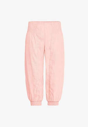 Pantalons en lin rose clair, amples, avec une ceinture froncée et des poignets élastiques aux chevilles. Texture douce, design décontracté.