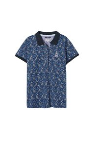 Polo à manches courtes de couleur bleu foncé avec un motif floral en bleu, blanc et vert. Il présente un col noir et un petit logo brodé.