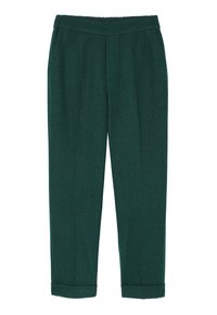 Green, tapered trousers made of textured fabric with an elastic waistband, featuring front pleats and rolled cuffs at the ankles.