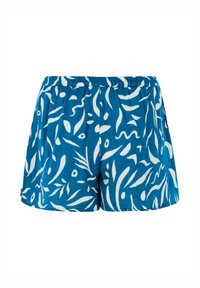 Shorts bleus avec un motif abstrait de feuilles et de tourbillons blancs, taille élastique et une poche latérale pour plus de praticité. Fabriqués en tissu léger.