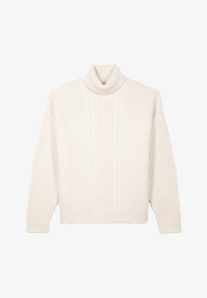 Suéter de cuello alto de punto grueso color crema con un patrón texturizado y puños acanalados. Corte holgado y diseño relajado.