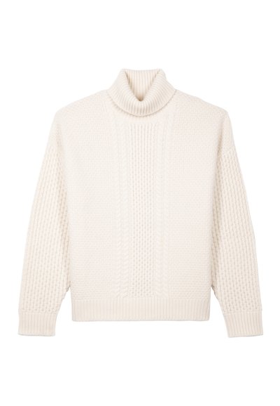 Suéter de cuello alto de punto grueso color crema con un patrón texturizado y puños acanalados. Corte holgado y diseño relajado.