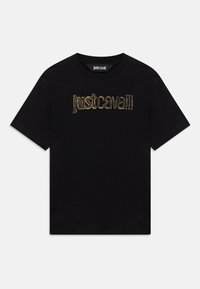 Juoda trumpomis rankovėmis marškinėliai su nusidėvėjusia auksine "Just Cavalli" logotipo spauda per krūtinę ir etikete ant kaklo.