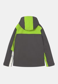 Graue und leuchtend grüne Kapuzenjacke mit Farbblockdesign und glatter Oberfläche. Mit langen Ärmeln und lockerer Passform.