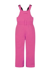 Ružový nepremokavý overal s nastaviteľnými popruhmi, elastickým pásom a širokým strihom nohavíc. Hladká textúra, bez vzorov, logo potlačené na hrudi.