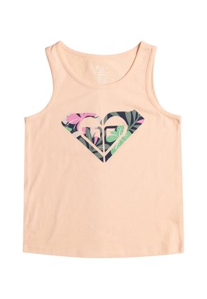 Camiseta sin mangas color durazno con un logo en forma de corazón estampado con un patrón floral en el centro del pecho.