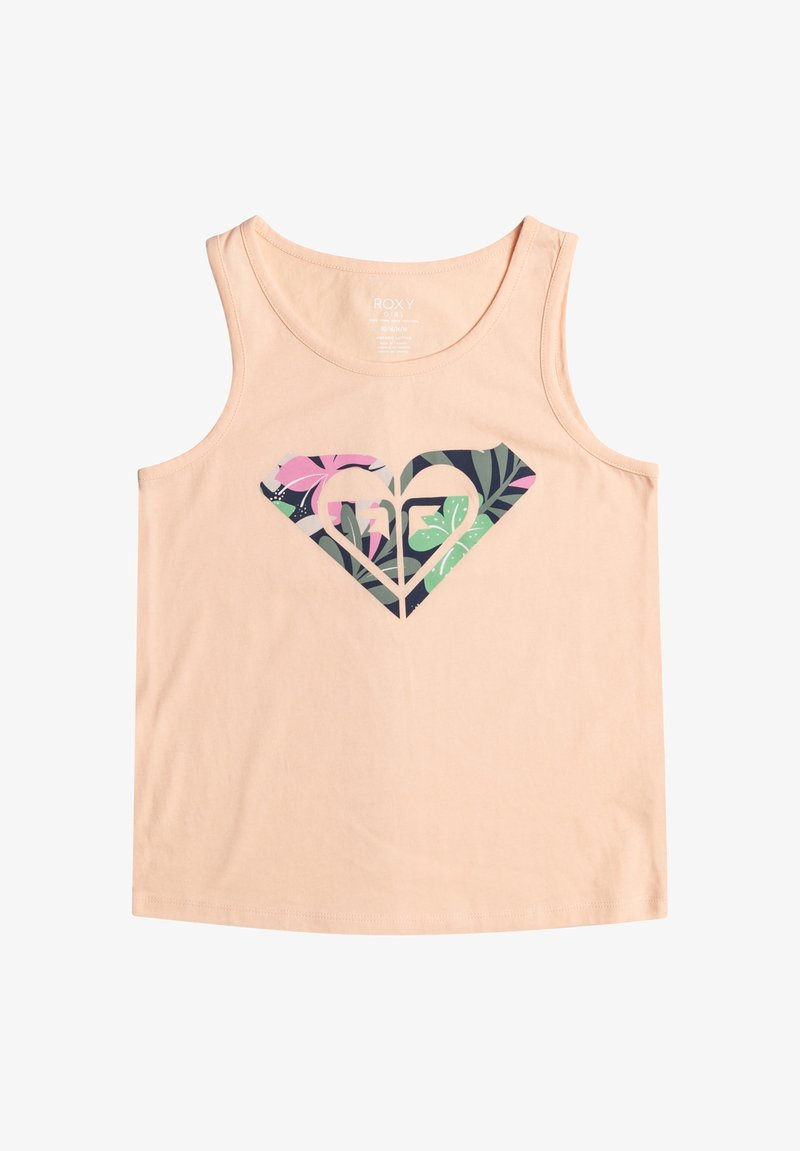 Camiseta sin mangas color durazno con un logo en forma de corazón estampado con un patrón floral en el centro del pecho.